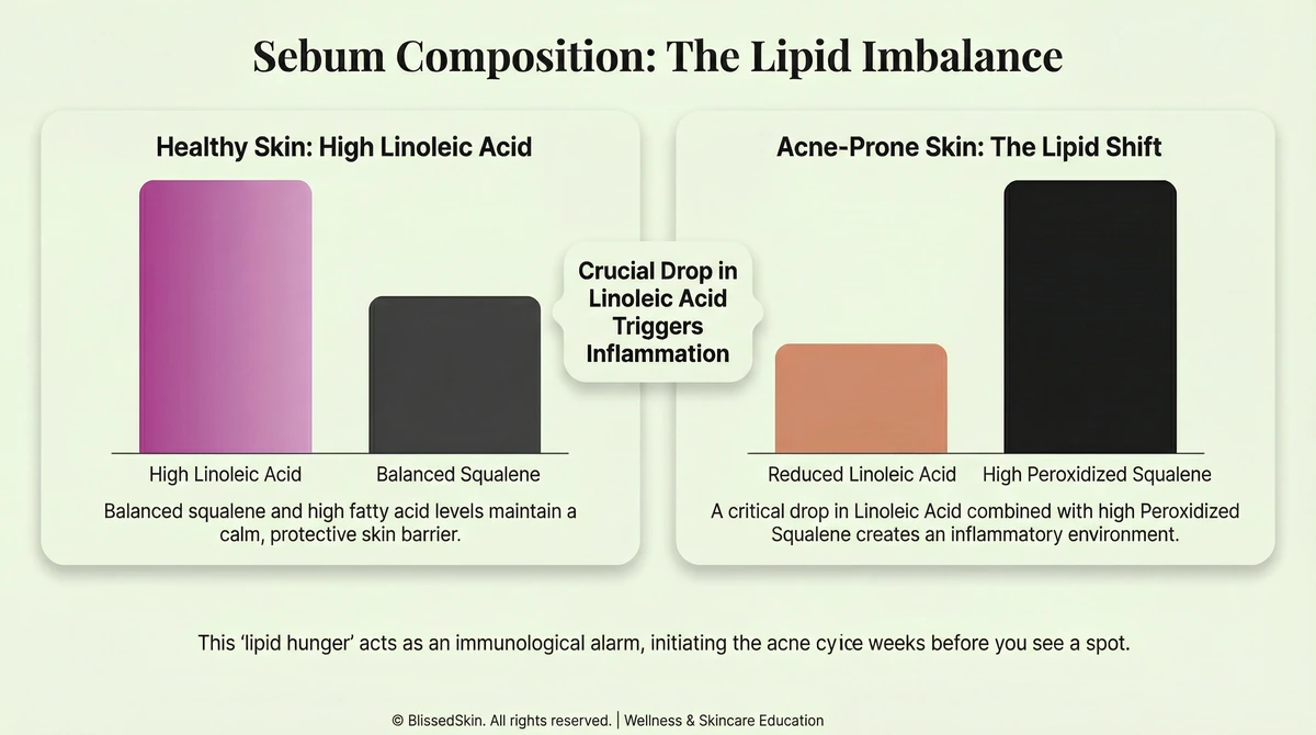 Bar chart comparing sebum lipid profiles showing reduced linoleic acid and increased oxidized squalene in acne-prone skin types